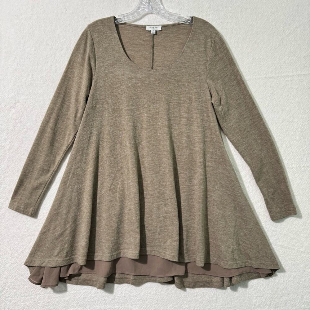 Umgee USA Heathered Latte Brown Knit Chiffon Embellished Boho Hippie Tunic Small